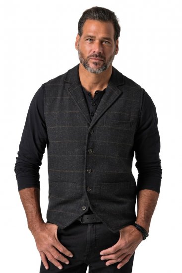 JP1880 851395 Geruit tweed gilet met stretch Zwart - Pakken - Grote Maten Kostuum Heren