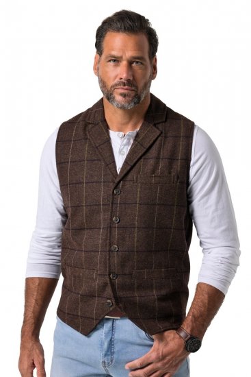JP1880 851395 Geruit tweed gilet met stretch Donkerbruin - Pakken - Grote Maten Kostuum Heren