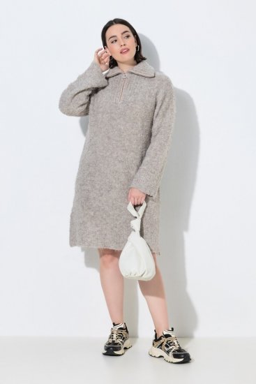 Ulla Popken 851563 Gebreide jurk met lange mouwen Beige - Kleedjes - Jurken in alle maten