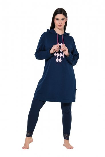 Ulla Popken 851749 Loungejurk met ruitjes en capuchon Donkerblauw - Pyjama's en Loungewear - 