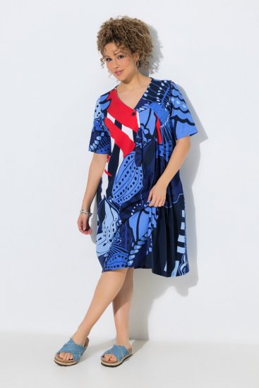 Ulla Popken 852394 Midi-jurk met korte mouwen en V-hals Donkerblauw - Midi jurken - Midi jurken in grote maten