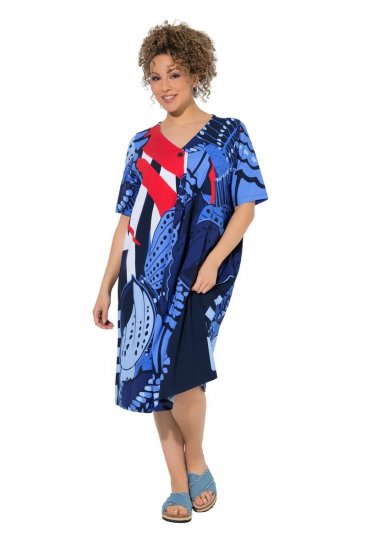 Ulla Popken 852394 Midi-jurk met korte mouwen en V-hals Donkerblauw - Midi jurken - Midi jurken in grote maten