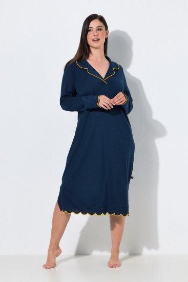 Ulla Popken 852526 Nachthemd met overhemdkraag Donkerblauw - Nachthemden - 