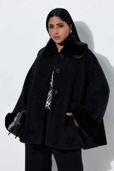 Ulla Popken 852644 Capejas met rand van nepbont Zwart - Poncho's & capes - 