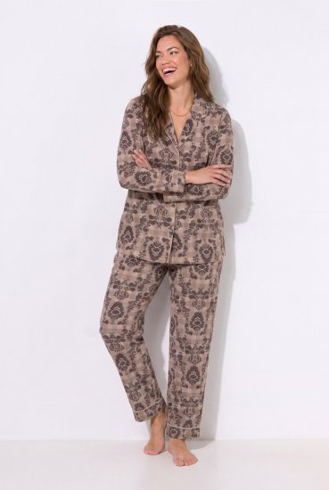 Ulla Popken 852649 Pyjama met print en overhemdkraag Bruin - Pyjama's en Loungewear - 