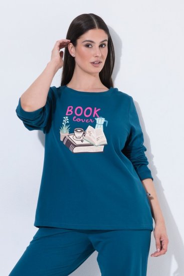 Ulla Popken 852710 Loungetrui met lange mouwen Petrol - Pyjama's en Loungewear - 