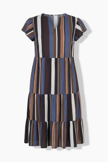 Ulla Popken 852771 Gestreepte jurk met ruches Donkerblauw - Kleedjes - Jurken in alle maten