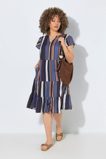 Ulla Popken 852771 Gestreepte jurk met ruches Donkerblauw - Kleedjes - Jurken in alle maten