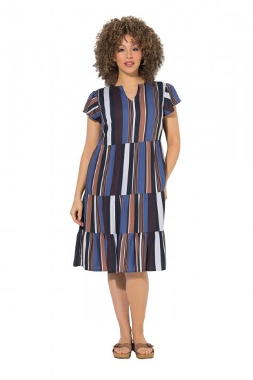Ulla Popken 852771 Gestreepte jurk met ruches Donkerblauw - Kleedjes - Jurken in alle maten