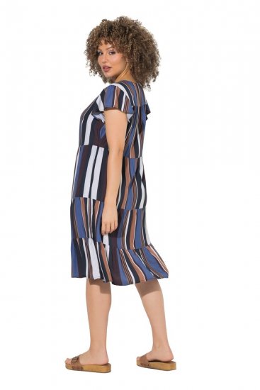 Ulla Popken 852771 Gestreepte jurk met ruches Donkerblauw - Kleedjes - Jurken in alle maten
