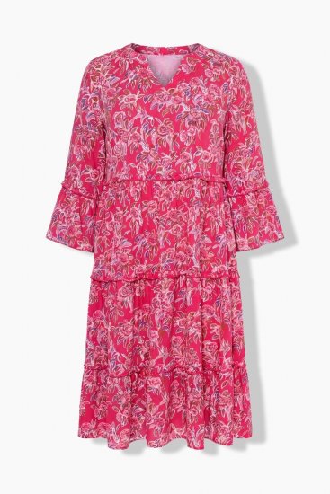Ulla Popken 852841 Gebloemde jurk met ruches Magenta - Midi jurken - Midi jurken in grote maten