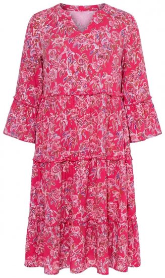 Ulla Popken 852841 Gebloemde jurk met ruches Magenta - Midi jurken - Midi jurken in grote maten