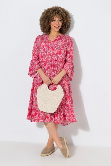 Ulla Popken 852841 Gebloemde jurk met ruches Magenta - Midi jurken - Midi jurken in grote maten