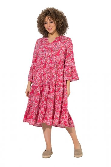 Ulla Popken 852841 Gebloemde jurk met ruches Magenta - Midi jurken - Midi jurken in grote maten