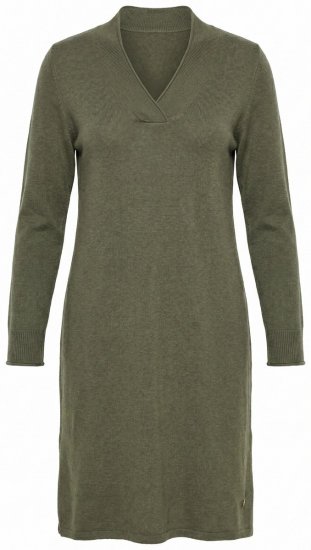 Ulla Popken 853077 Gebreide jurk met lange mouwen en V-hals Kaki - Gebreide jurken -