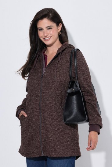 Ulla Popken 853577 Gebreide fleecejas met capuchon en print Mahoniebruin - Fleecekleding - 