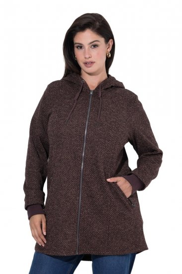 Ulla Popken 853577 Gebreide fleecejas met capuchon en print Mahoniebruin - Fleecekleding - 