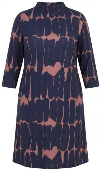 Ulla Popken 853590 Bedrukte jersey jurk met driekwartmouwen Donkerblauw - Kleedjes - Jurken in alle maten