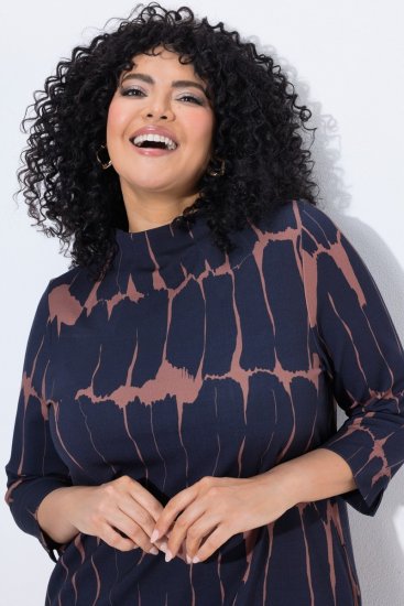 Ulla Popken 853590 Bedrukte jersey jurk met driekwartmouwen Donkerblauw - Kleedjes - Jurken in alle maten
