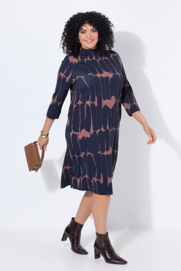 Ulla Popken 853590 Bedrukte jersey jurk met driekwartmouwen Donkerblauw - Kleedjes - Jurken in alle maten