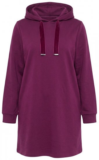 Ulla Popken 853652 Sweatjurk met lange mouwen en capuchon Bessenrood - Kleedjes - Jurken in alle maten