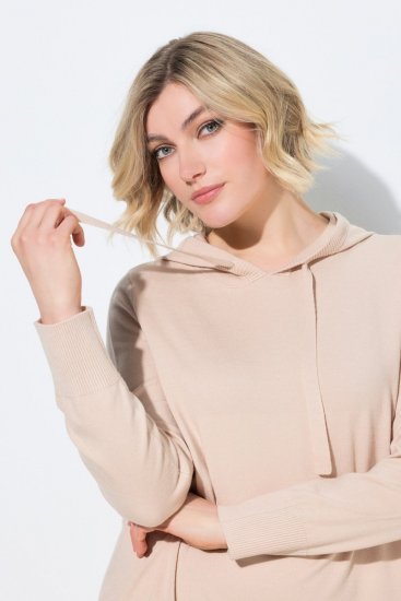 Ulla Popken 853669 Gebreide jurk met lange mouwen en capuchon Beige - Midi jurken - Midi jurken in grote maten