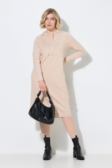 Ulla Popken 853669 Gebreide jurk met lange mouwen en capuchon Beige - Midi jurken - Midi jurken in grote maten