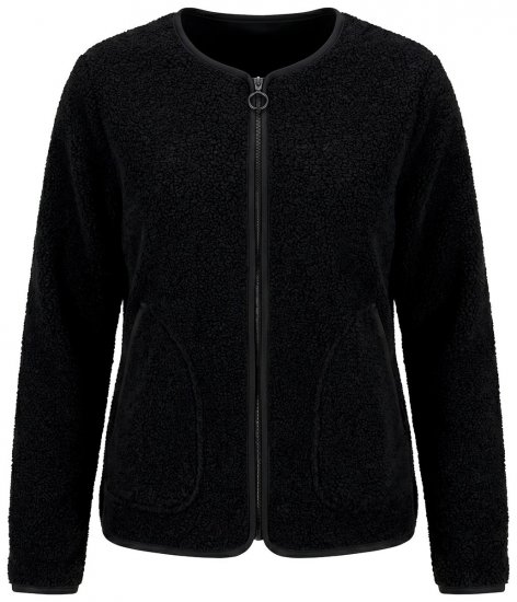 Ulla Popken 853685 Korte teddyjas met leerlook-bies Zwart - Jassen - Damesjassen in grote maten
