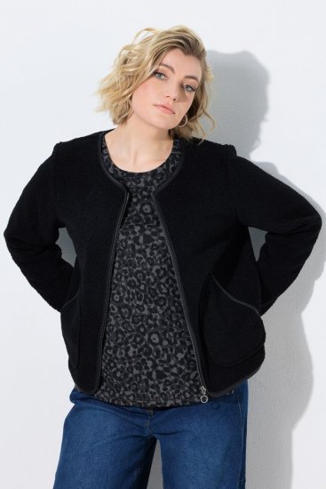 Ulla Popken 853685 Korte teddyjas met leerlook-bies Zwart - Jassen - Damesjassen in grote maten