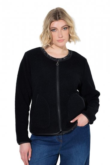 Ulla Popken 853685 Korte teddyjas met leerlook-bies Zwart - Jassen - Damesjassen in grote maten