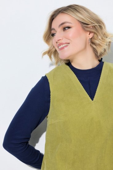Ulla Popken 853697 Mouwloze corduroy jurk met zakken Lichtgroen - Zomerjurken - Zomerjurken in grote maten