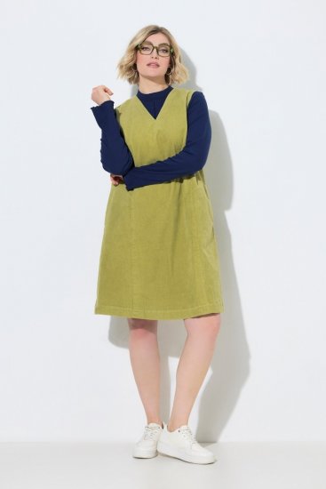 Ulla Popken 853697 Mouwloze corduroy jurk met zakken Lichtgroen - Zomerjurken - Zomerjurken in grote maten