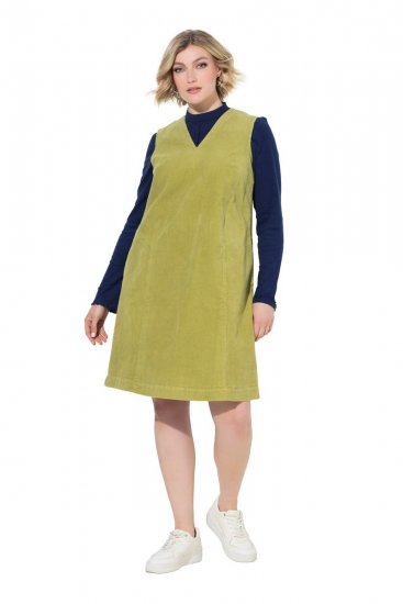 Ulla Popken 853697 Mouwloze corduroy jurk met zakken Lichtgroen - Zomerjurken - Zomerjurken in grote maten