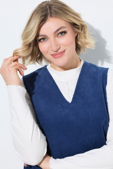 Ulla Popken 853697 Mouwloze corduroy jurk met V-hals Donkerblauw - Zomerjurken - Zomerjurken in grote maten