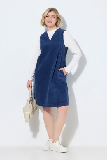 Ulla Popken 853697 Mouwloze corduroy jurk met V-hals Donkerblauw - Zomerjurken - Zomerjurken in grote maten