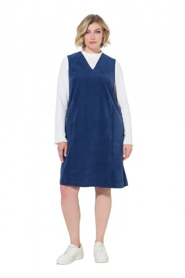 Ulla Popken 853697 Mouwloze corduroy jurk met V-hals Donkerblauw - Zomerjurken - Zomerjurken in grote maten
