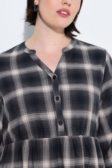 Ulla Popken 853728 Geruite jurk met ruches Zwart - Kleedjes - Jurken in alle maten