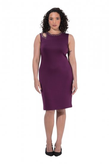Ulla Popken 853766 Bodycon jurk met strass Pruim - Avondjurken - Avondjurken in grote maten