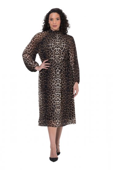 Ulla Popken 853788 Chiffon jurk met dierenprint Lichtbruin - Maxi jurken - Maxi jurken in grote maten