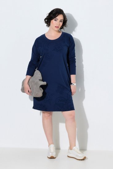 Ulla Popken 853877 Gebloemde sweatjurk Donkerblauw - Kleedjes - Jurken in alle maten