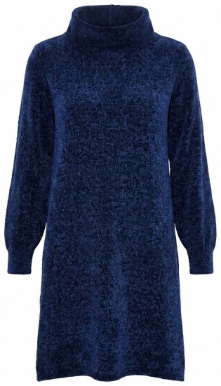 Ulla Popken 854602 Gebreide jurk met lange mouwen en col Donkerblauw - Kleedjes - Jurken in alle maten