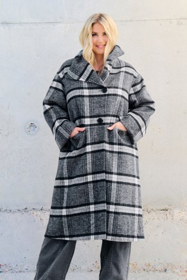 Ulla Popken 855250 Asymmetrische wollen jas met brede kraag Grijs gemêleerd - Jassen - Jassen in grote maten
