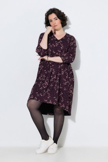 Ulla Popken 855270 Bedrukte jersey jurk met V-hals Zwart - Jersey jurken - 