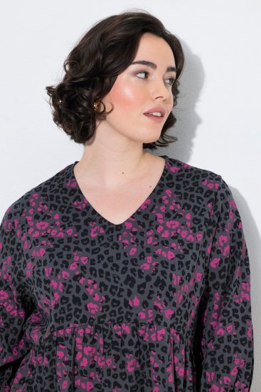 Ulla Popken 855270 Bedrukte jersey jurk met V-hals Antraciet - Jersey jurken - 