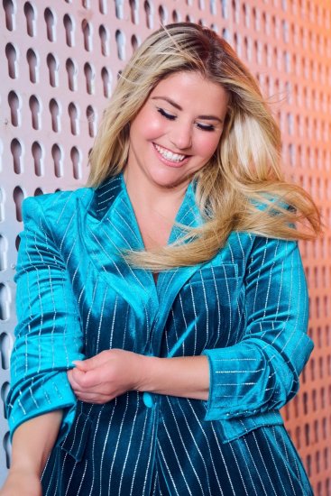 Ulla Popken 855499 Fluwelen blazer met strass Turquoise - Blazers - Blazers in grote maten voor dames