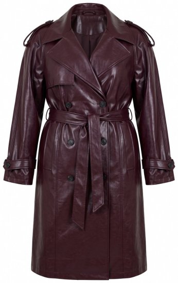Ulla Popken 855617 Trenchcoat met leerlook en strikceintuur Wijnrood - Jassen - Jassen in grote maten