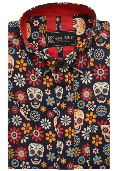 Kam Jeans 6040 Floral Skull Print Shirt Black - Overhemden - Overhemden Grote Maten Heren