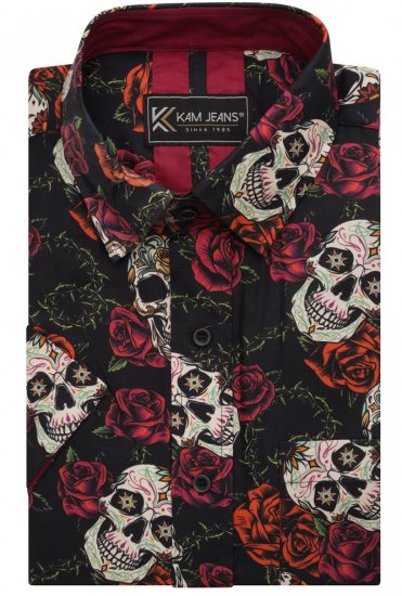 Kam Jeans 6042 Rose Skull Digital Print Shirt Black - Overhemden - Overhemden Grote Maten Heren