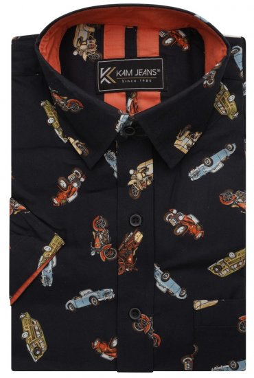 Kam Jeans 6046 Vintage Car Digital Print Shirt Black - Overhemden - Overhemden Grote Maten Heren