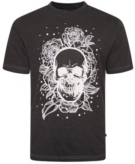 Kam Jeans 5704 Skull Rose Print Tee Charcoal - T-shirts - Grote Maten T-shirts Heren